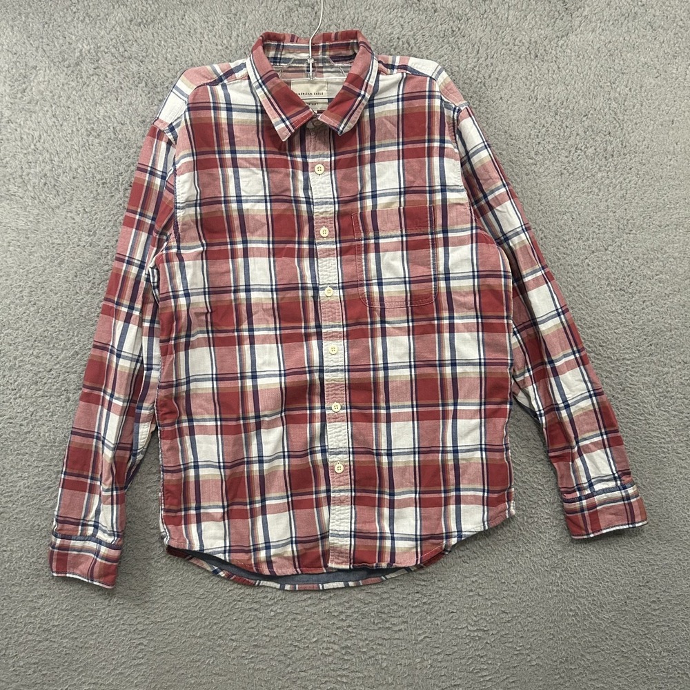 American Eagle Shirt Mens Medium Red White Blue Plaid Button Up Super Soft Adult
